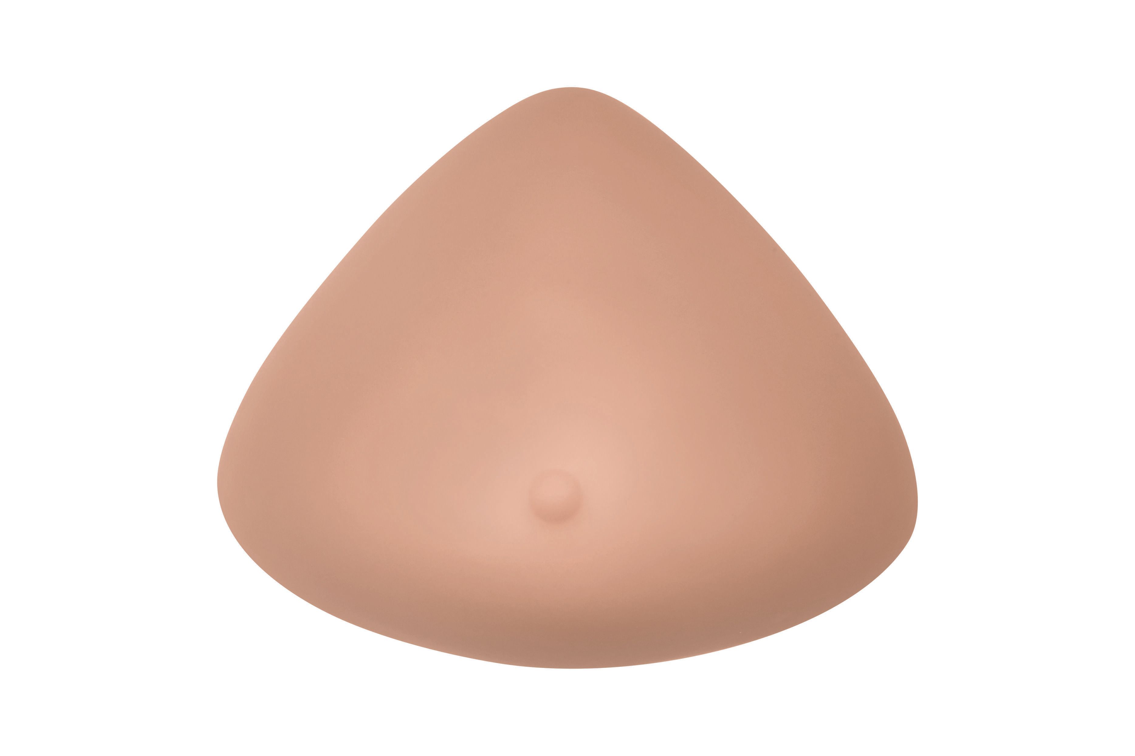 Brustprothese, rosa, tropfenförmig. Mit kleiner Brustwarzen-Imitation. Für mittlere Brustform.