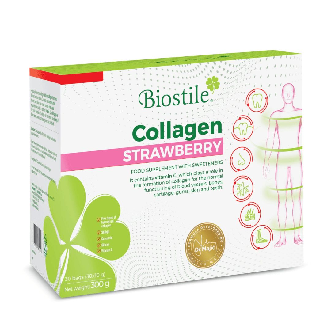 Verpackung von Biostile Collagen Strawberry. Enthält 30 Beutel. Aufdruck: Collagen, Erdbeere, Vitamin C.