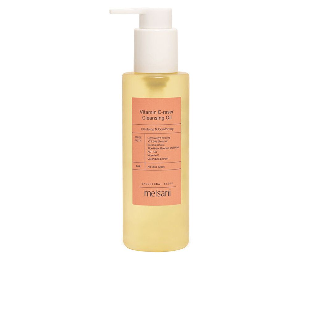 Klare Flasche mit Dosierpumpe. Etikett mit Produktnamen und Inhaltsstoffen. Marke: Meisani.