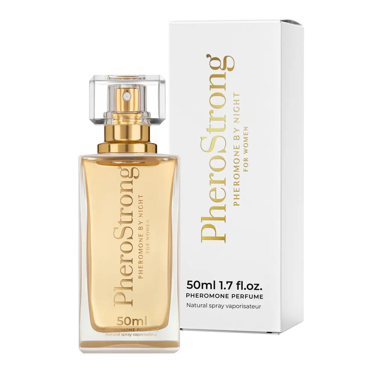 Parfümflakon und Verpackung. Flakon mit goldfarbener Flüssigkeit. Verpackung mit goldener Schrift. Aufschrift: PheroStrong.