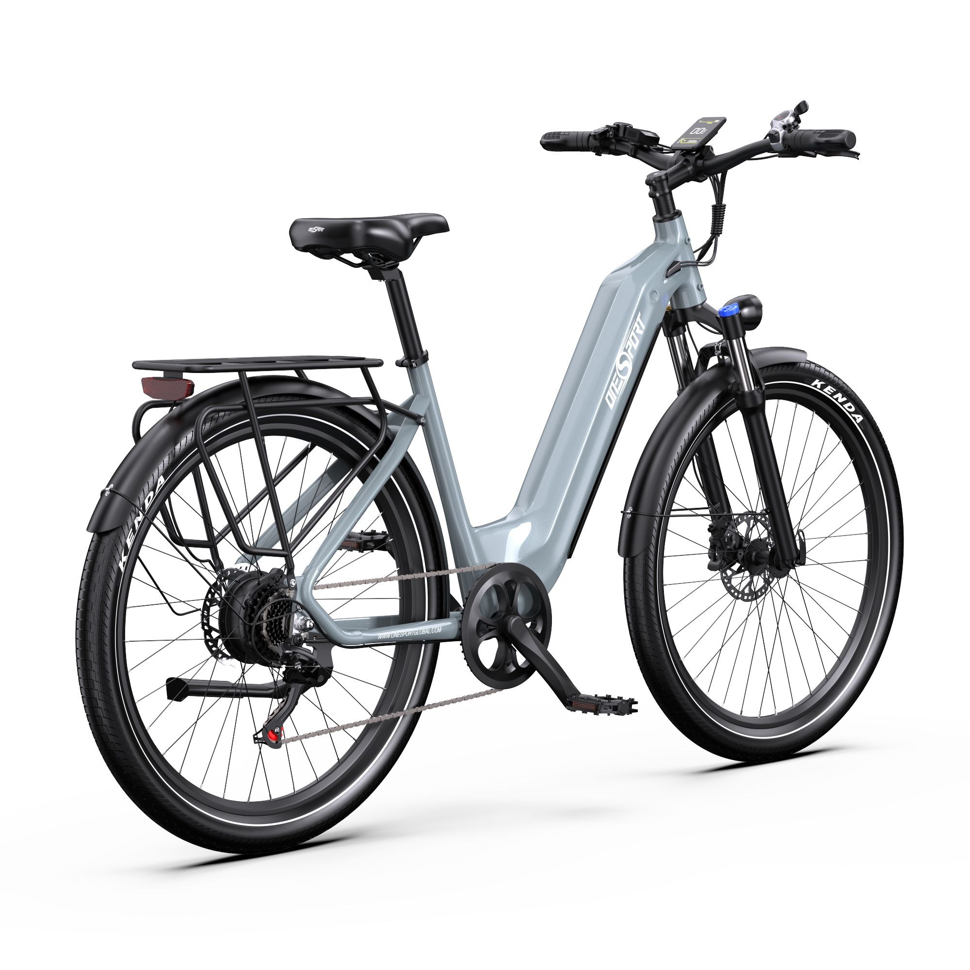 Graues E-Bike, diagonale Ansicht. Gepäckträger, schwarzer Sattel und Reifen. Marke ONESPORT.