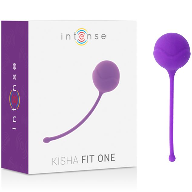 Produkt und Verpackung. Lila Kegel neben weißer Box. Aufdruck: Intense, Kisha Fit One. Kegel mit Stiel, runde Form.