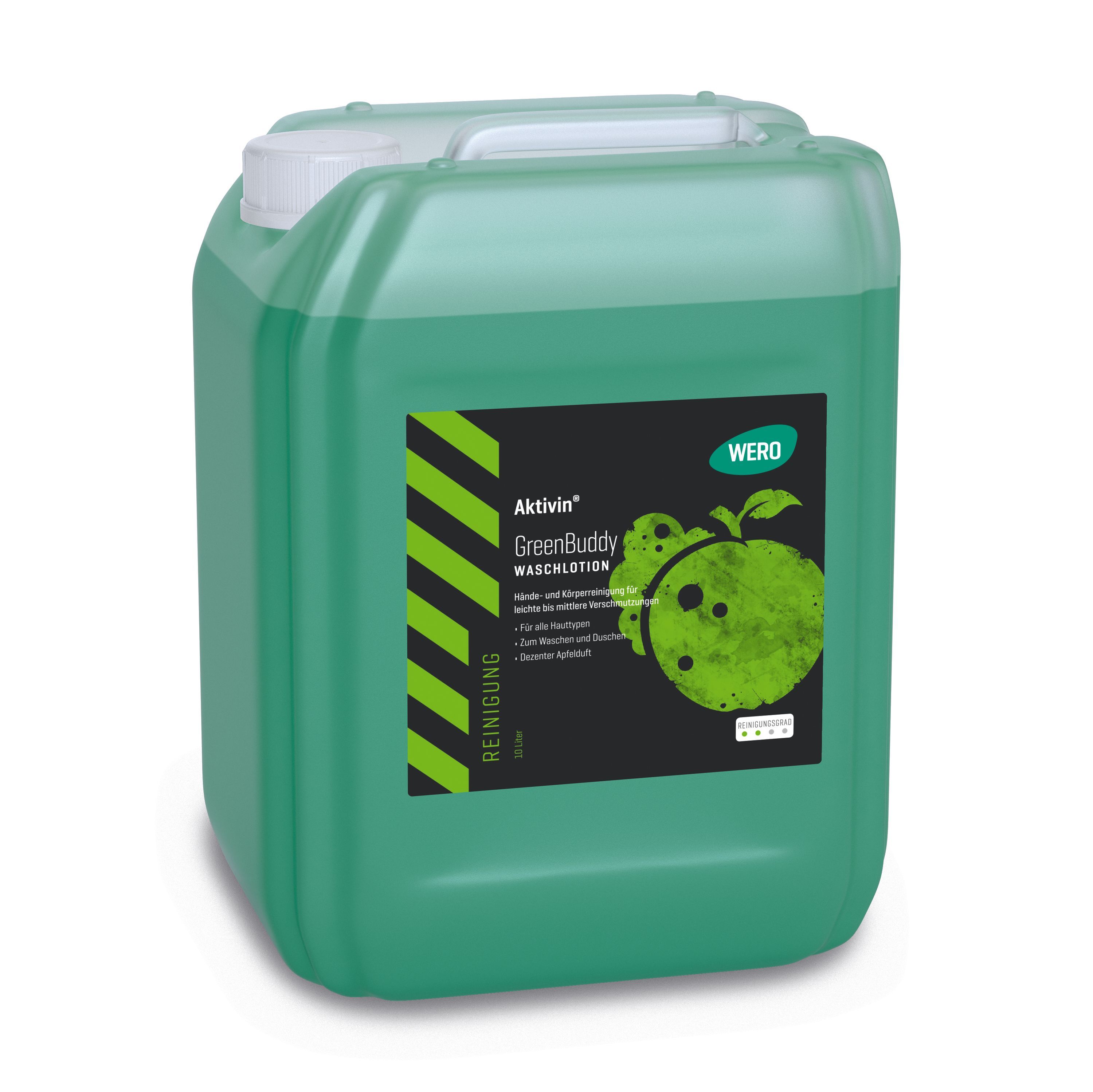 Grüne Kanister mit Griff und Deckel. Aufkleber mit Produktnamen Aktivin GreenBuddy Waschlotion und Logo. Werd-Logo.