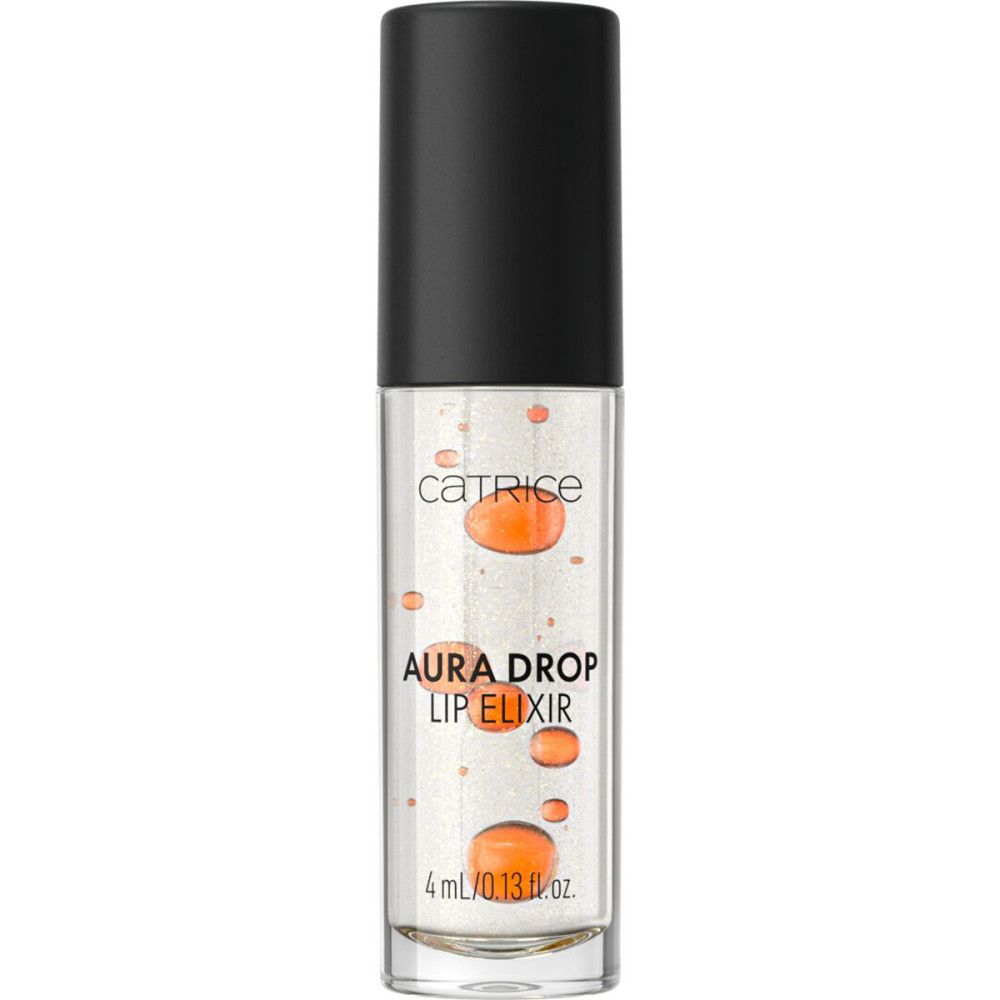 Catrice Aura Drop Lip Elixir. Transparente Flasche mit orangefarbenen Tropfen. Schwarzer Deckel.