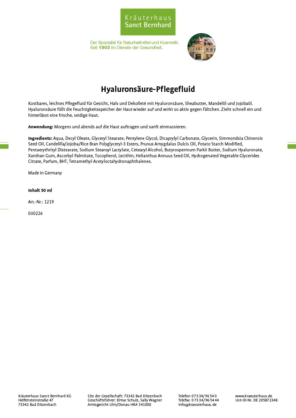 Weißes Papier mit Text. Überschrift: Hyaluronsäure-Pflegefluid. Text in deutscher Sprache. Logo: Kräuterhaus Sanct Bernhard. Enthält Inhaltsangaben.