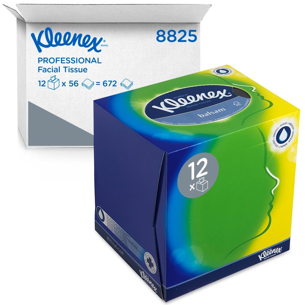 Zwei Kartons Kleenex® Kosmetiktücher. Ein Karton mit der Aufschrift "Professional Facial Tissue". Der andere mit "Balsam".