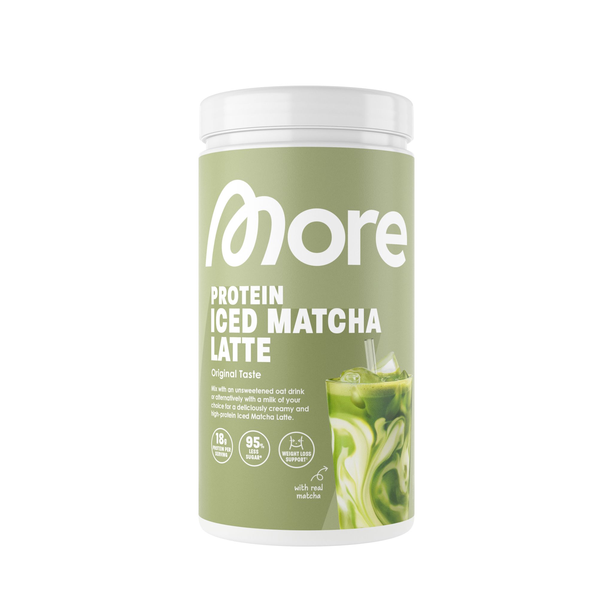 Grüner Behälter mit weißem Deckel. Aufschrift: More Protein Iced Matcha Latte Original Taste. Abbildung eines Getränks.