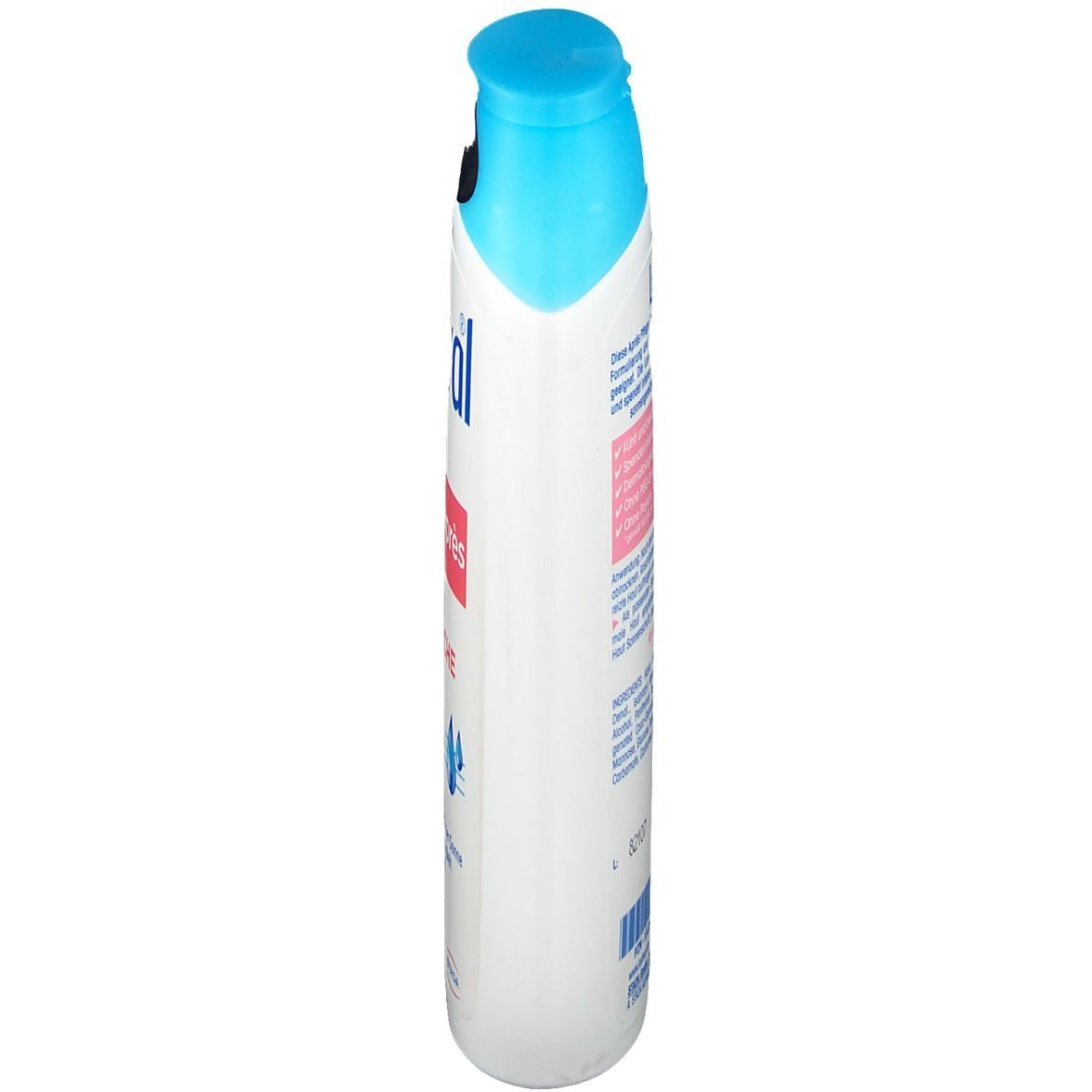 Weiße Flasche, blauem Deckel. Aufschrift: Ladival, Après Pflege Lotion. Seitliche Ansicht. Text und Logo sichtbar.