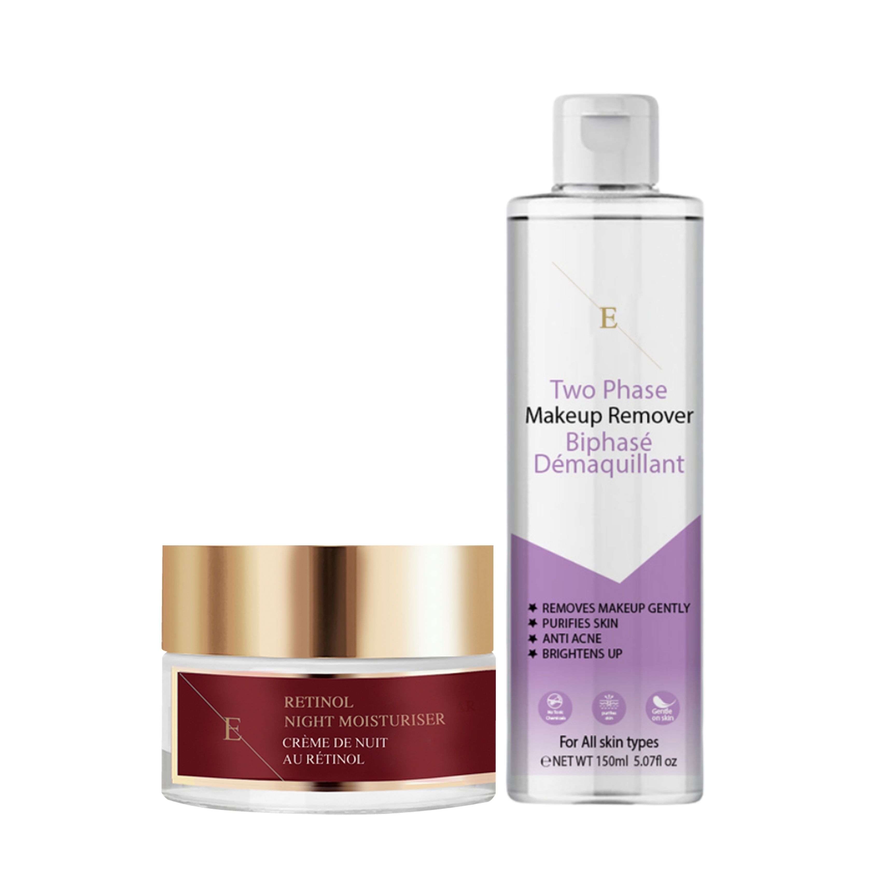 Nachtcreme und Make-up-Entferner. Creme in goldfarbenem Tiegel, Entferner in Flasche. Text: Retinol, Biphase Démaquillant. Für alle Hauttypen.