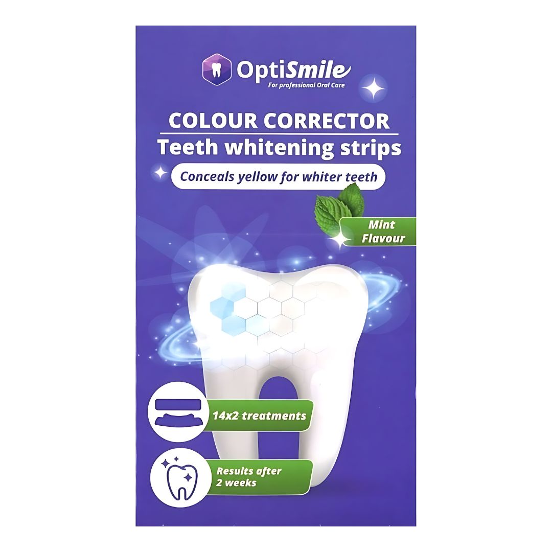 Verpackung mit OptiSmile Colour Corrector Zahnaufhellungsstreifen. Enthält 14x2 Behandlungen. Aufdruck: sichtbar weißere Zähne.