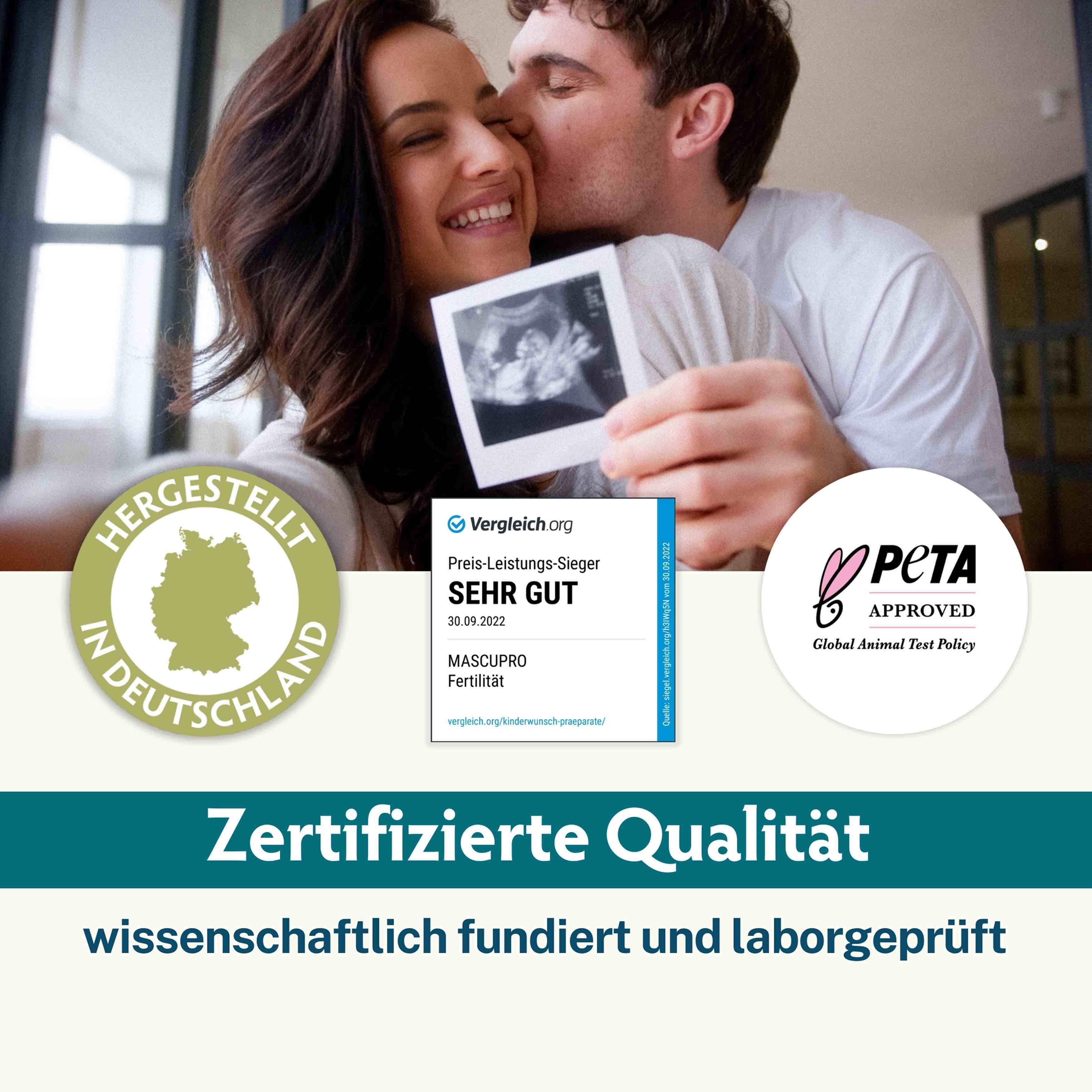Zertifizierte Qualität. PETA-Logo. Hergestellt in Deutschland. Vergleich.org-Auszeichnung. Paar hält Ultraschallbild. Text: MascuPRO Fertilität.