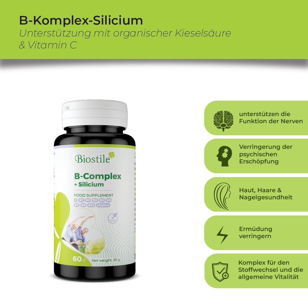 Biostile B-Complex + Silicium Flasche mit Infografik zu Vorteilen.