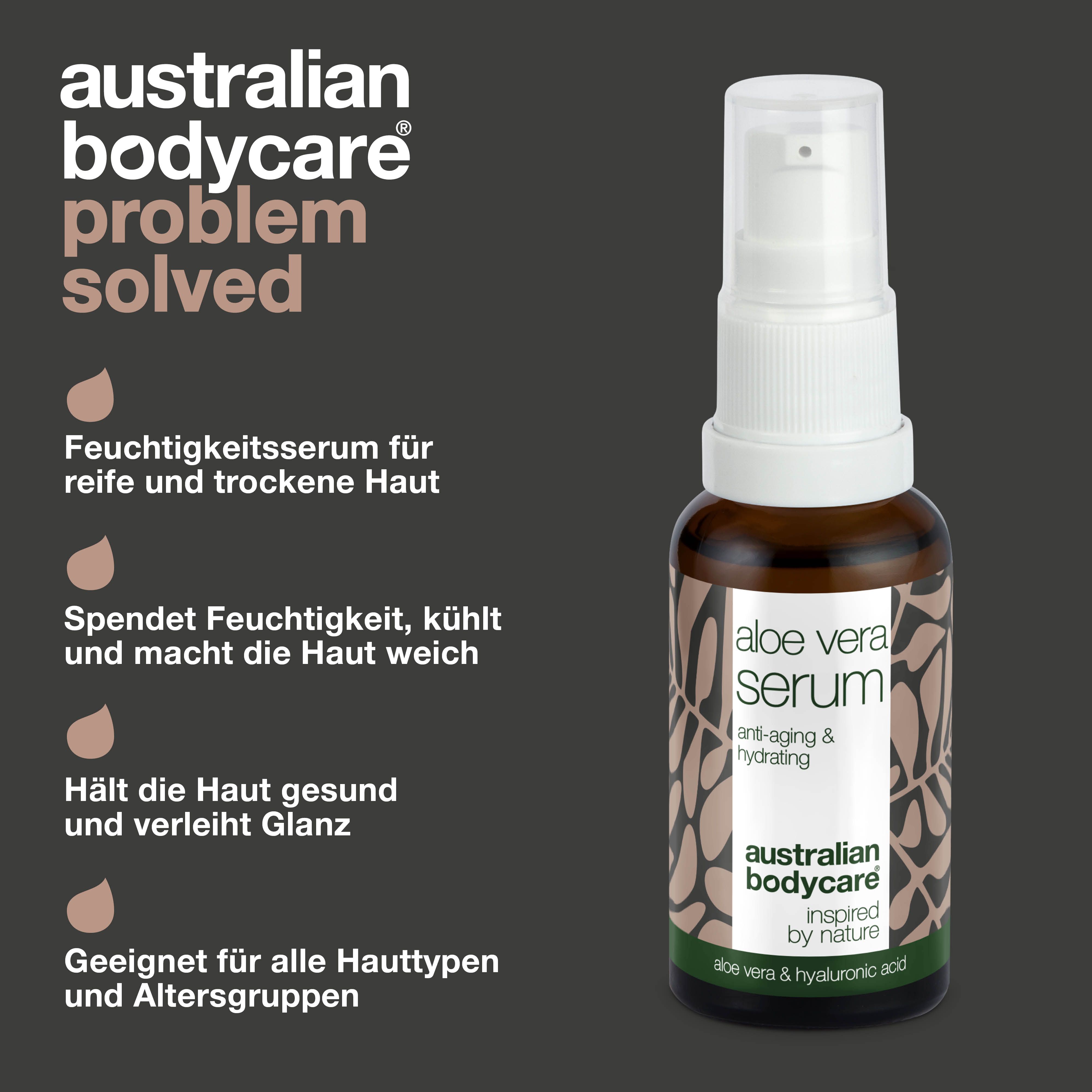 Flasche Serum. Text: Problem gelöst. Produktname: Australian Bodycare Aloe Vera Serum. Braune Flasche mit Pumpe.