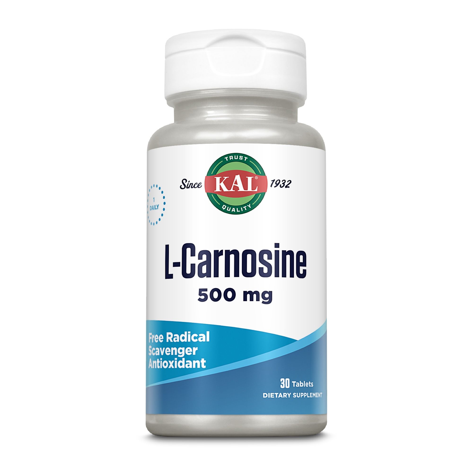 Weiße Flasche mit L-Carnosin 500mg. Text: 30 Tabletten, Dietary Supplement. Logo und Markenname.