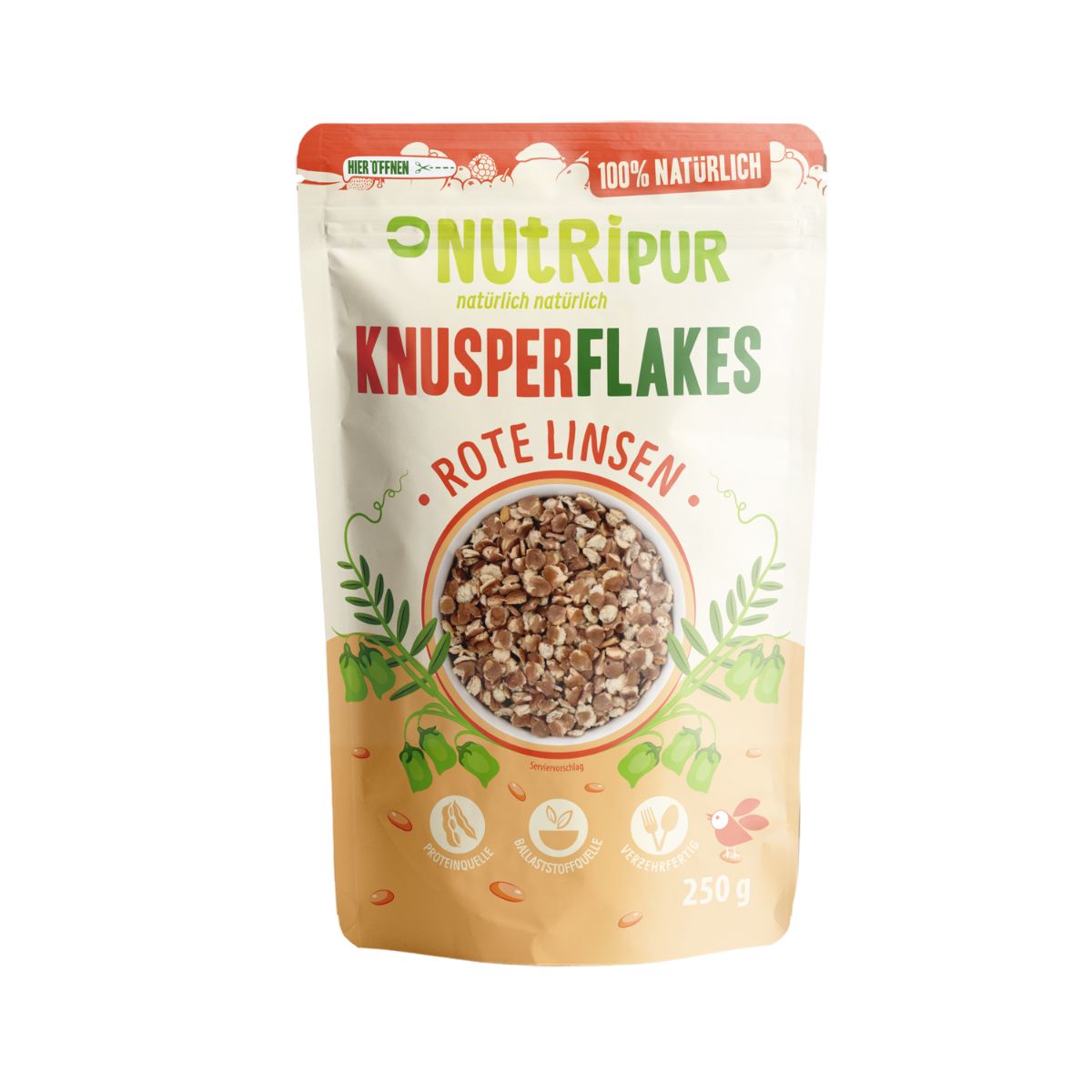 Verpackung von NutriPur Knusperflakes Rote Linsen. Beutel mit Produktabbildung und Schriftzug. 100% natürlich.