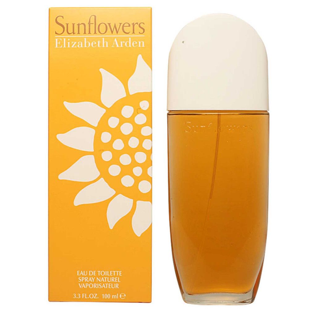 Flakon und Schachtel. Aufschrift Sunflowers Elizabeth Arden. Eau de Toilette. 3.3 FL.OZ. 100 ml.