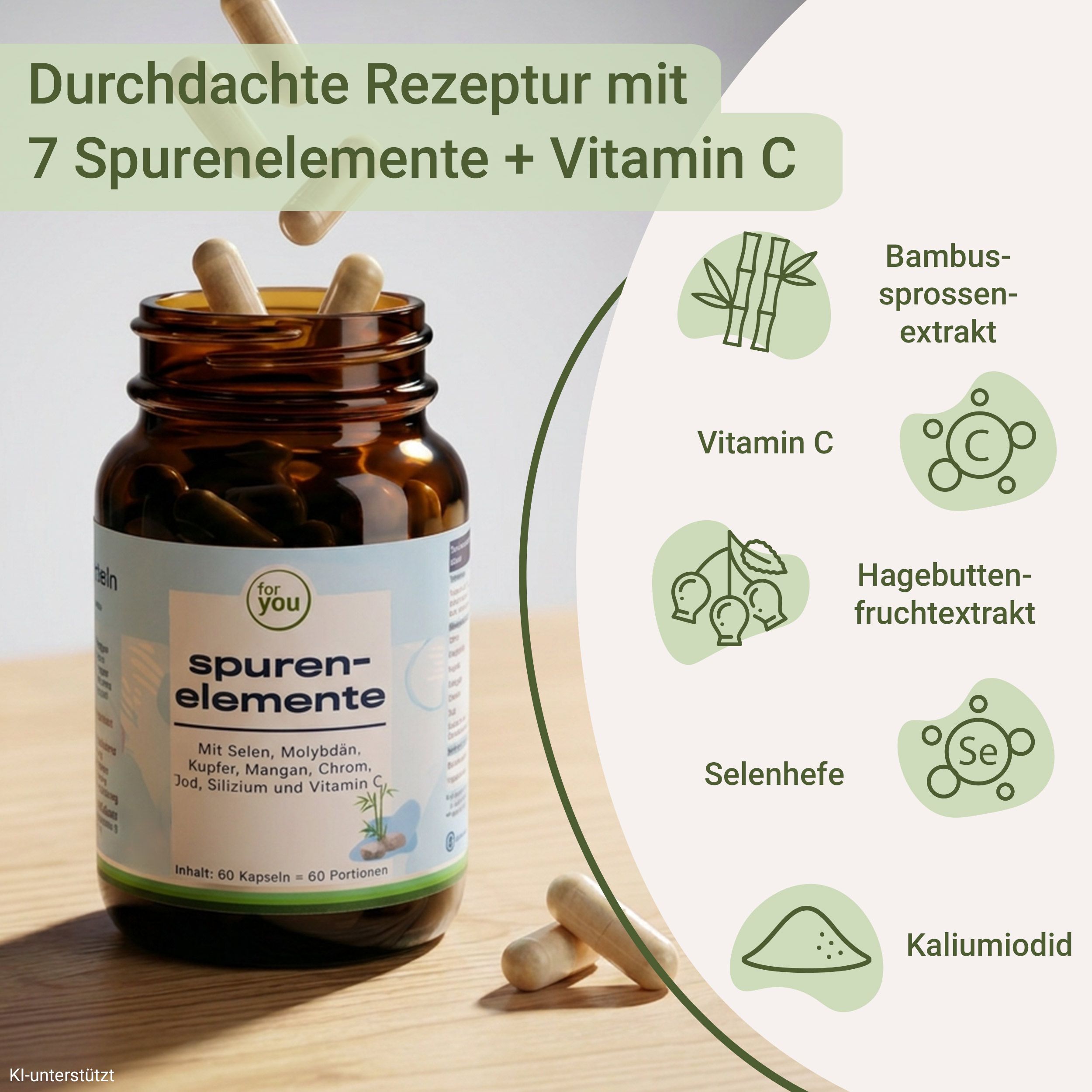 Flasche mit Spurenelementen-Kapseln, daneben Kapseln, Icons zeigen Bambus, Vitamin C, Hagebutte, Selenhefe.