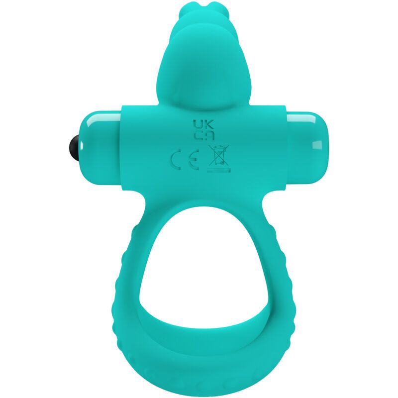 Türkisfarbener Ringvibrator mit Hasenohren-Design. Mit CE-Kennzeichnung und UKCA-Logo.