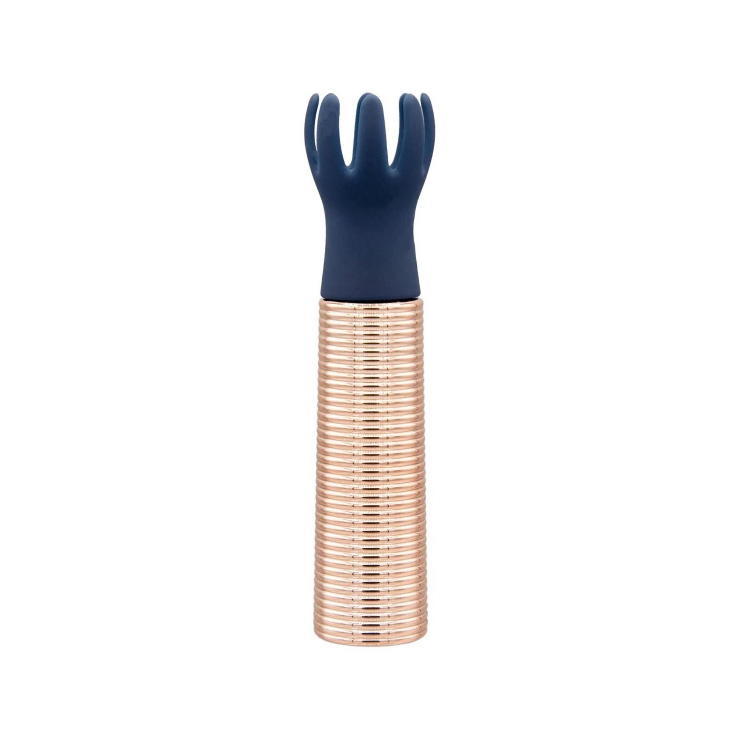 Minivibrator mit geriffelter, roségoldener Basis und blauem Aufsatz mit Fingern.
