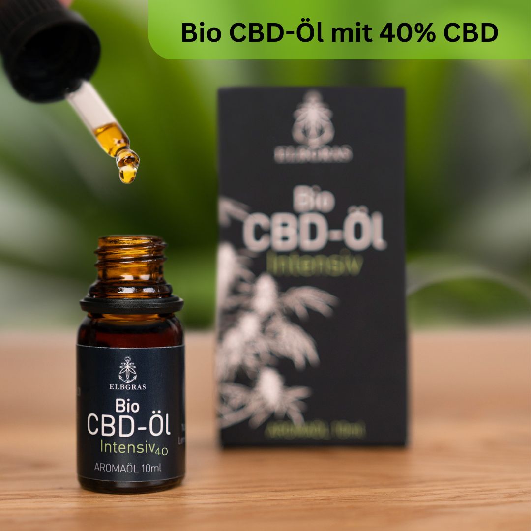 Elbgras Bio CBD Öl 40% Flasche mit Pipette und Karton.