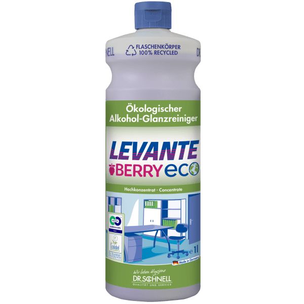 Flasche mit blauem Deckel. Aufschrift: Levante Berry Eco, Ökologischer Alkohol-Glanzreiniger. Logo: 100% recycelt. Marke: Dr. Schnell.