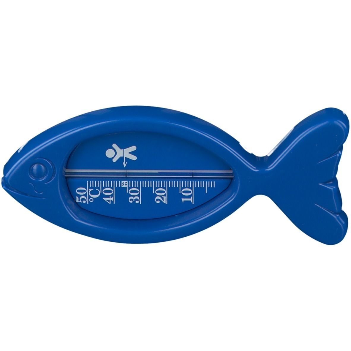 Blaues Thermometer in Fischform. Mit Skala in Celsius. Zeigt eine Temperatur von ca. 30 Grad an. Mit Baby-Symbol.