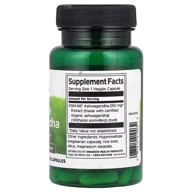 Rückseite der grünen Flasche. Etikett mit Nährwertangaben, Inhaltsstoffen und "SWANSON Health Products".