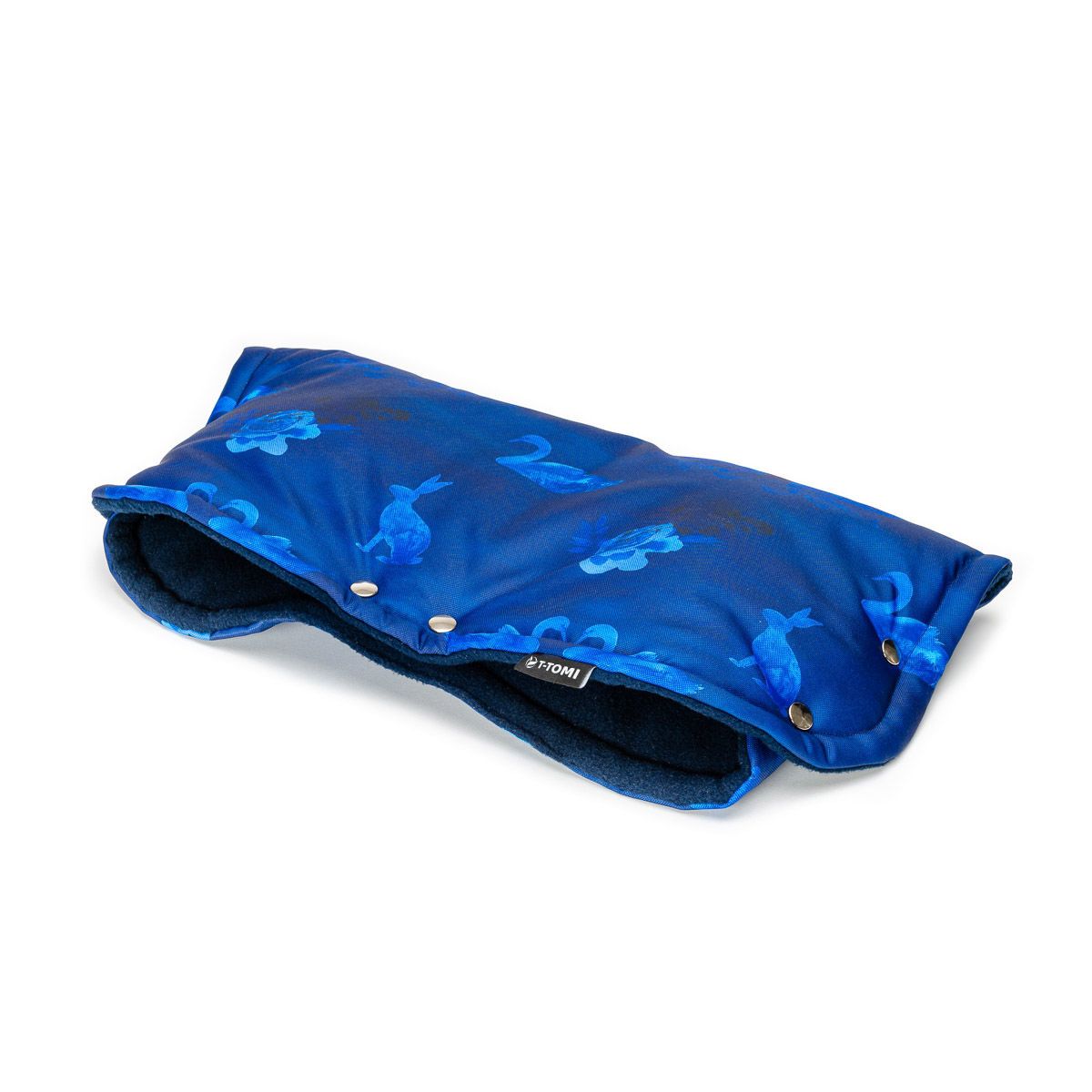 Blaues Heizkissen mit Tiermotiv und Druckknöpfen. Innenfutter aus dunkelblauem Stoff.