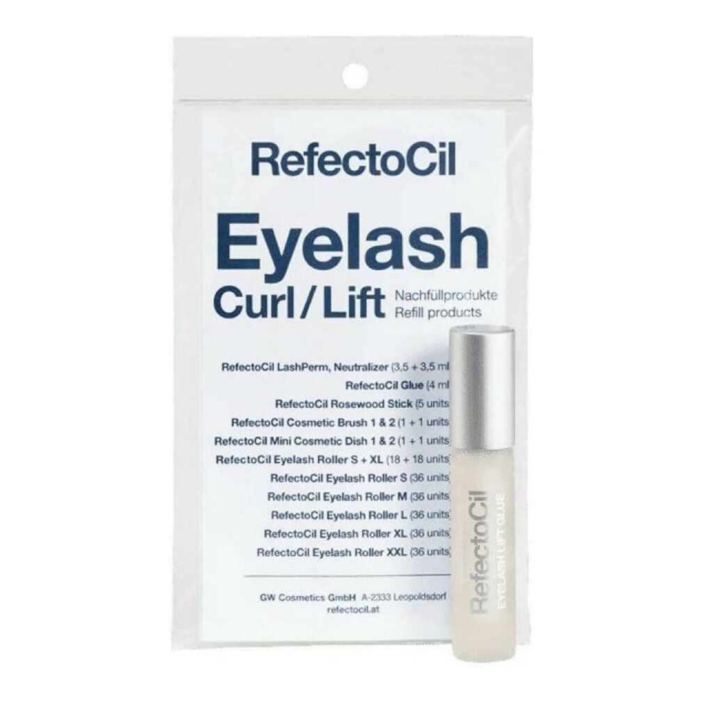 RefectoCil Eyelash Curl/Lift Nachfüllprodukte in transparenter Verpackung. Enthält Flasche mit Kleber und Zubehör.