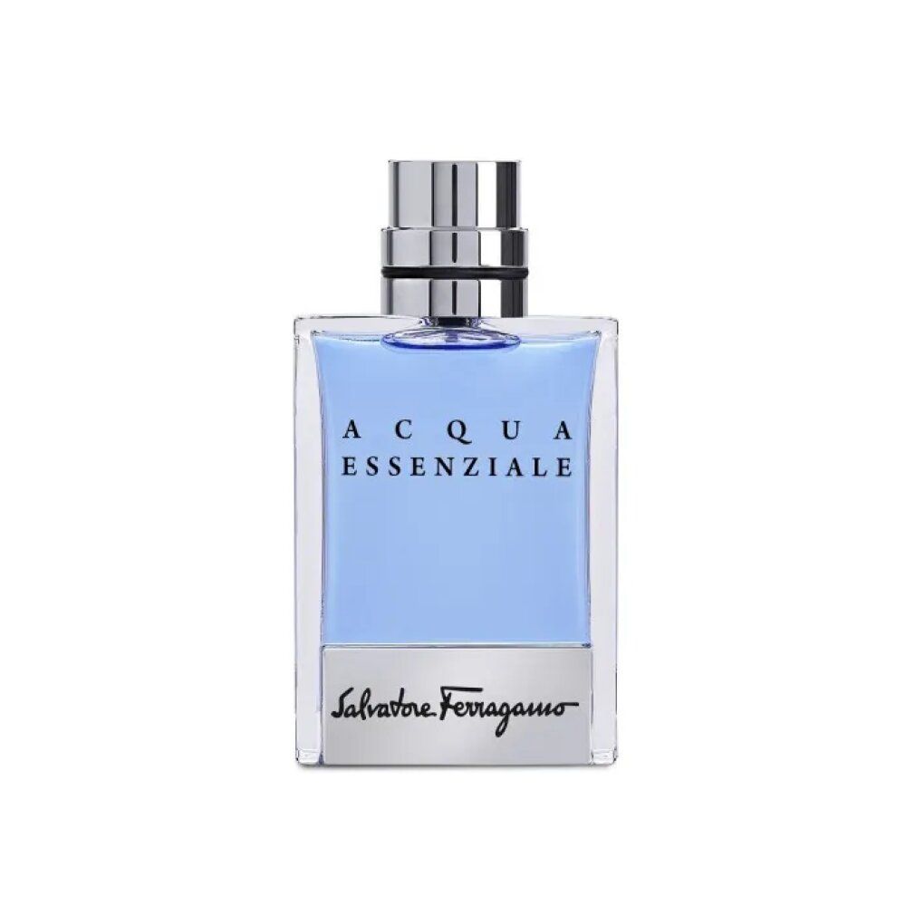 Hellblaues Eau de Toilette in quadratischem Flakon mit silbernem Verschluss. Aufschrift: Acqua Essenziale, Salvatore Ferragamo.