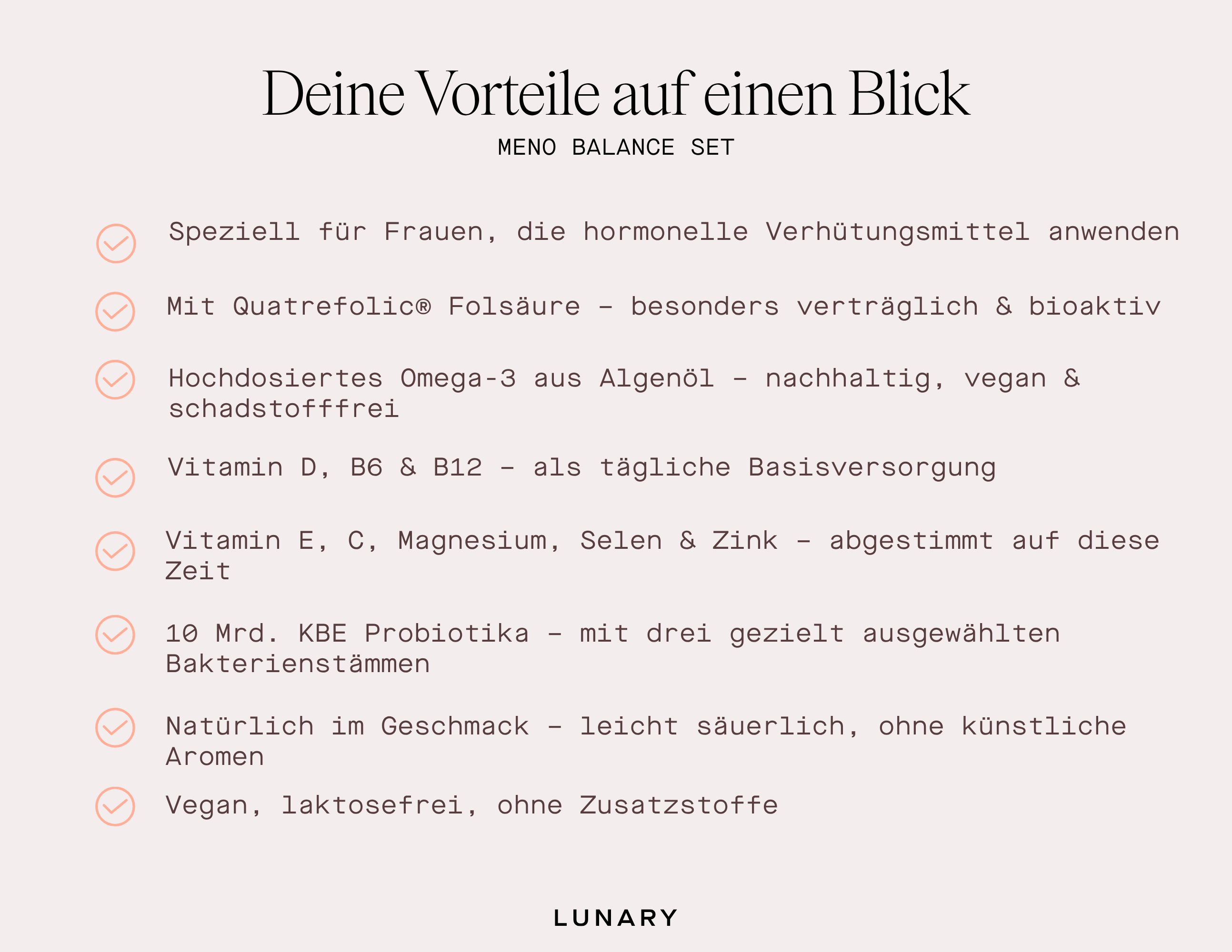 Text: Vorteile des Meno Balance Sets. Aufzählungspunkte mit Vorteilen wie vegan, ohne Zusätze, etc.