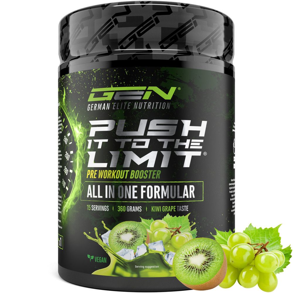 Dose GEN Push It To The Limit. Pre-Workout Booster. 15 Portionen, 360 Gramm, Kiwi-Trauben-Geschmack. Vegan.