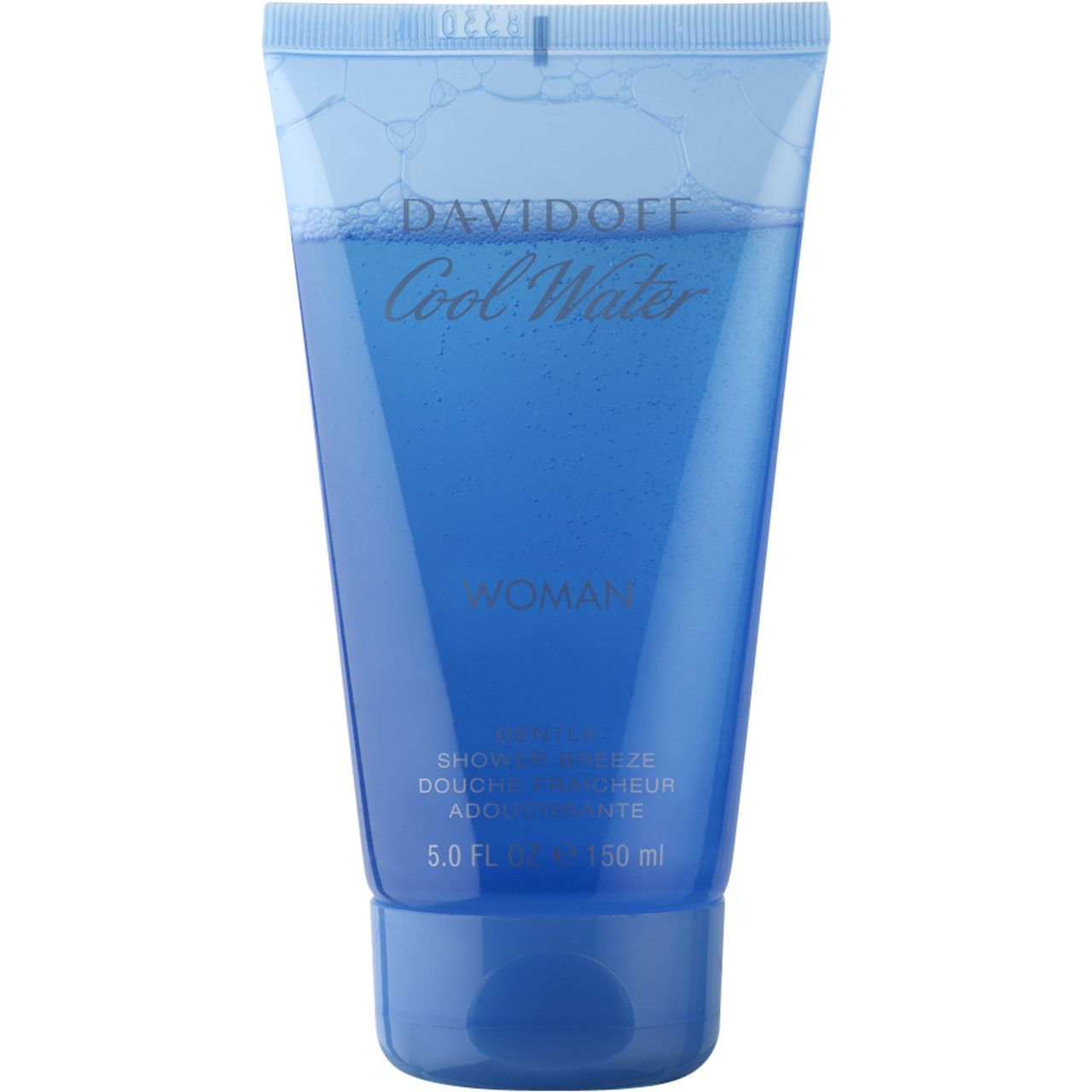 Davidoff Cool Water Woman Shower Breeze. Blaue Tube mit blauer Flüssigkeit. Text: Davidoff, Cool Water, Woman, Shower Breeze. 150 ml.