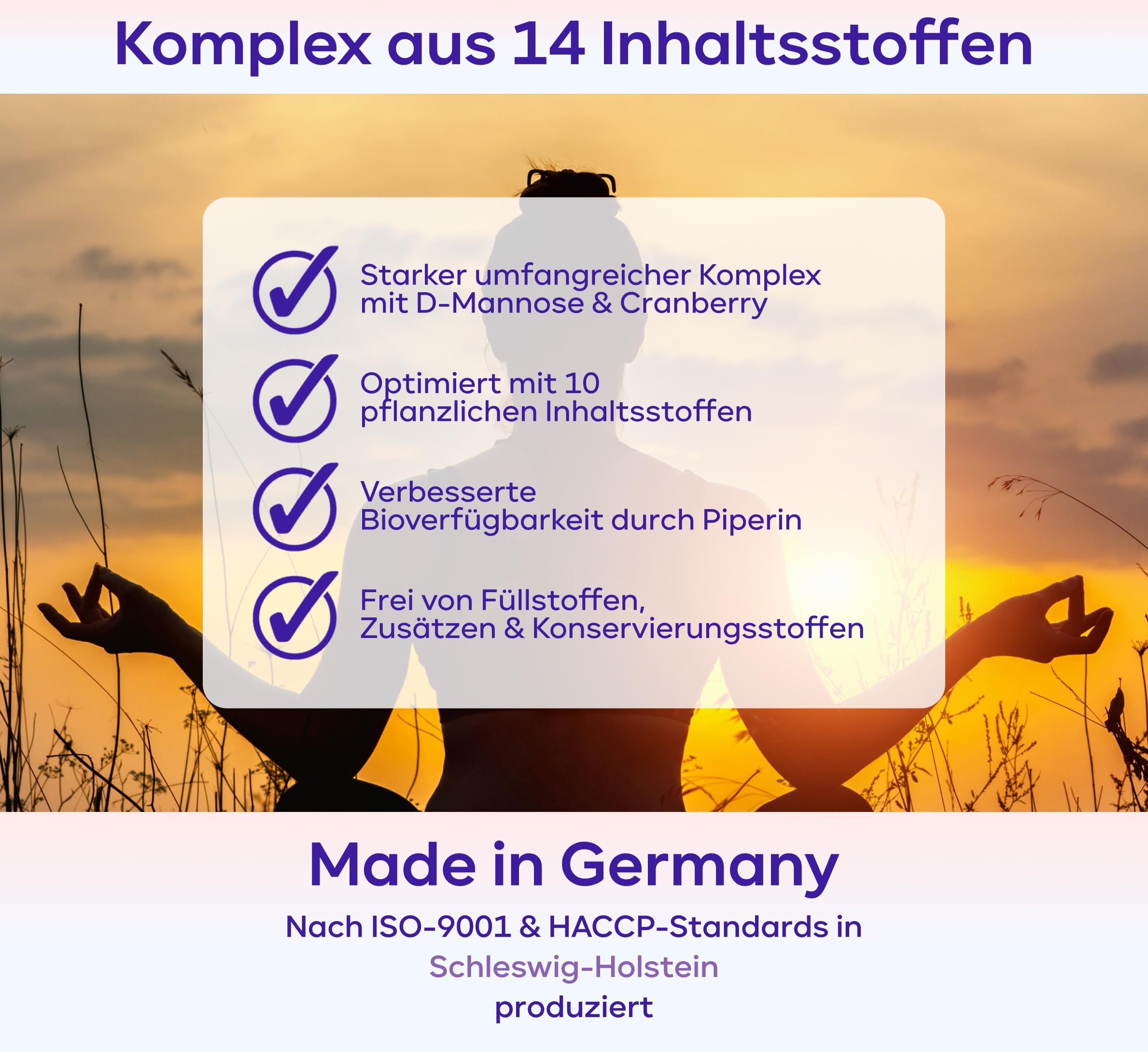 Text mit Check-Symbolen: Starker Komplex mit D-Mannose & Cranberry, optimiert mit 10 pflanzlichen Inhaltsstoffen, verbesserte Bioverfügbarkeit. Made in Germany.