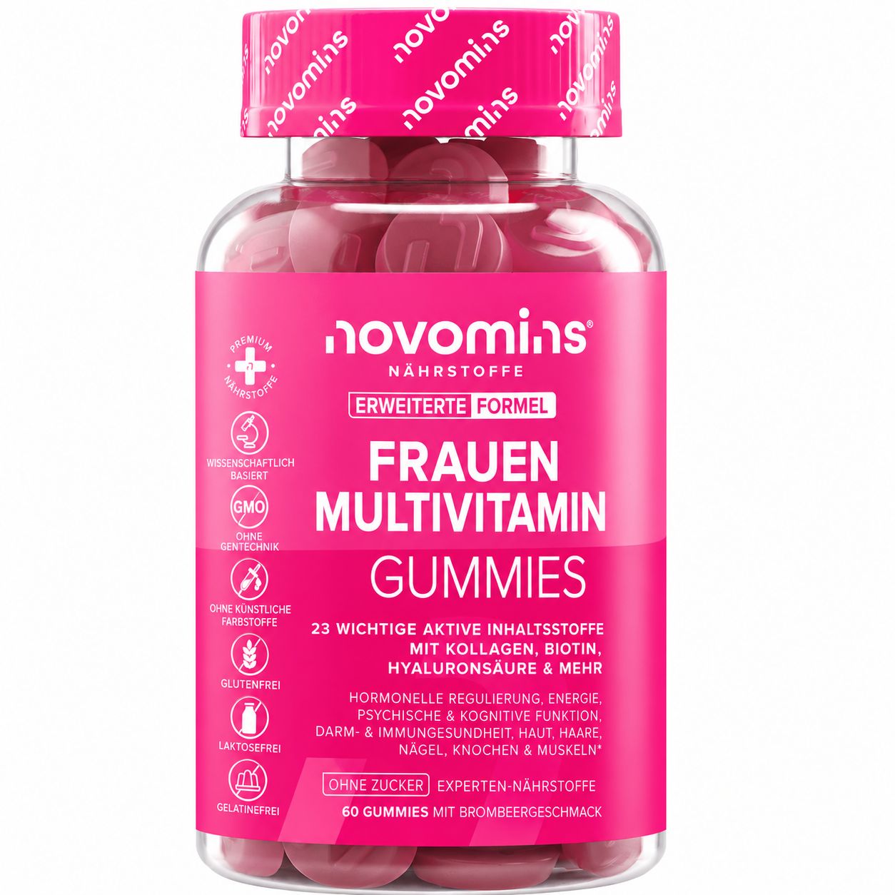 Flasche mit Novomins Frauen Multivitamin Gummis, 60 Stück.