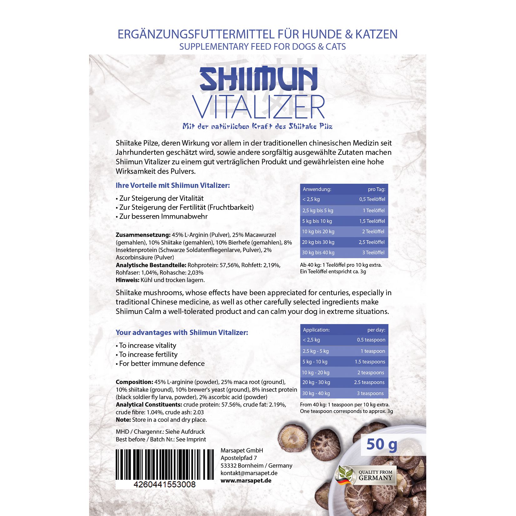 Produktverpackung mit Text: Shiimun Vitalizer. Text: Ergänzungsfuttermittel für Hunde & Katzen. Inhaltsstoffe und Dosierungstabelle. 50g Packung.