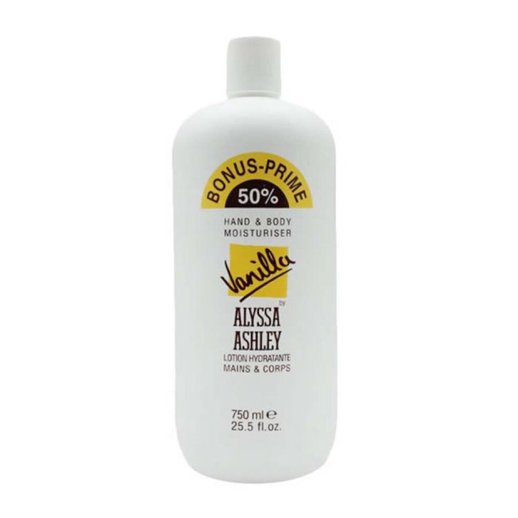 Weiße Flasche Alyssa Ashley Hand & Körper Feuchtigkeitscreme Vanille, 750 ml.