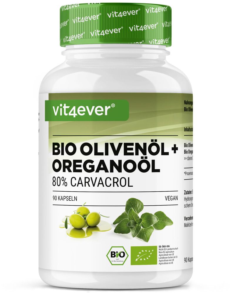 Weiße Flasche mit grünem Deckel. Aufschrift: Bio Olivenöl + Oreganoöl. 80% Carvacrol. 90 Kapseln. Vegan. Bio-Siegel.