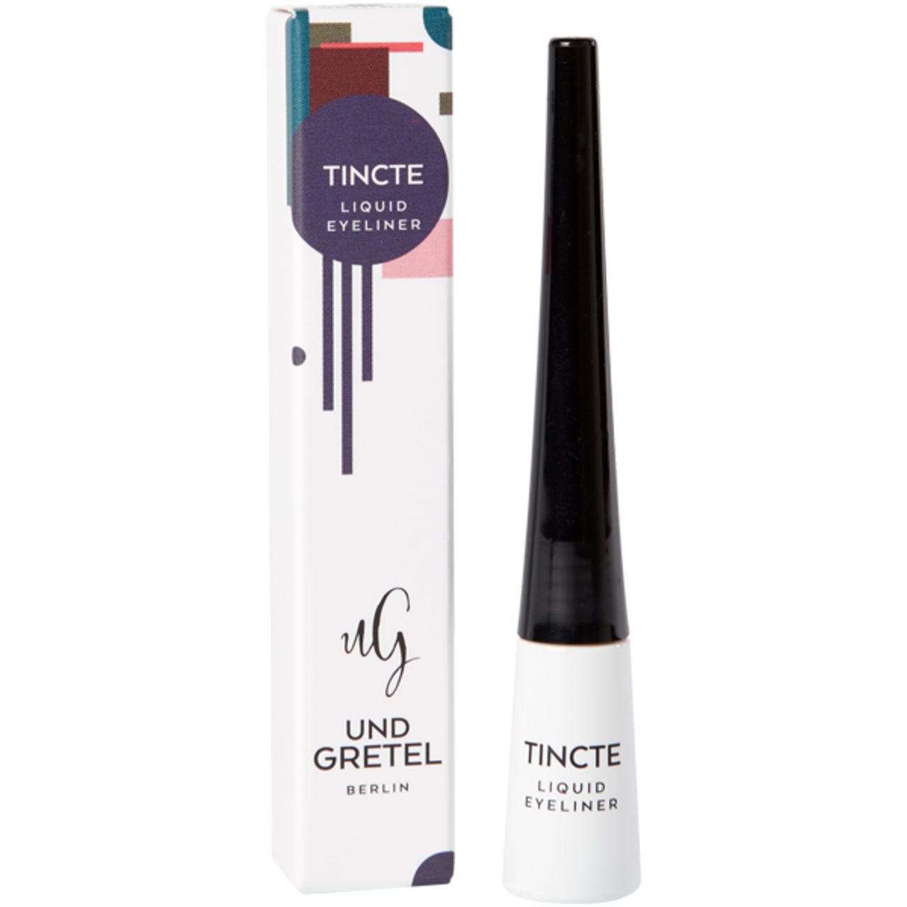 Weißer Eyeliner mit schwarzem Applikator. Verpackung mit Produktname: Tincte Liquid Eyeliner. Marke: Und Gretel Berlin.
