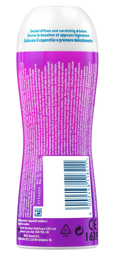 Rückseite der Durex Play Massage 2in1 Flasche mit Anwendungshinweisen und Barcode.
