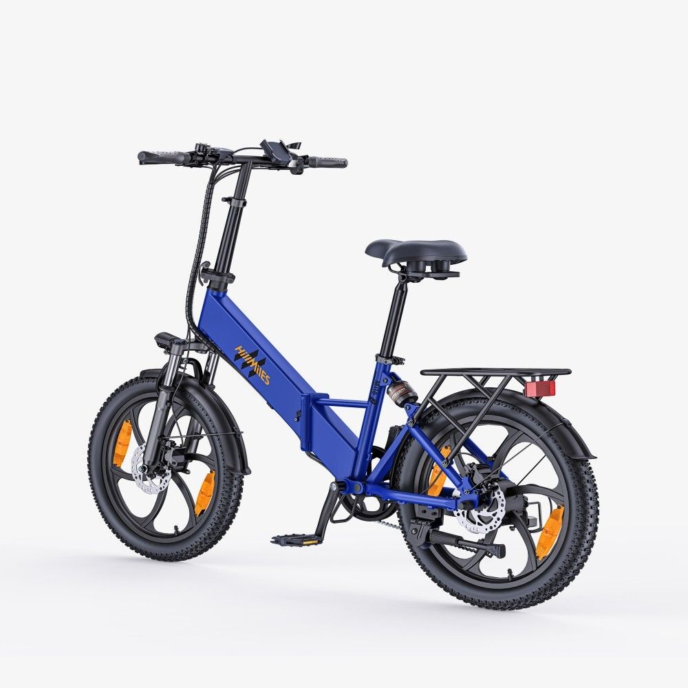 Blaues Elektrofahrrad mit schwarzen Reifen, Gepäckträger. Marke HillMiles.