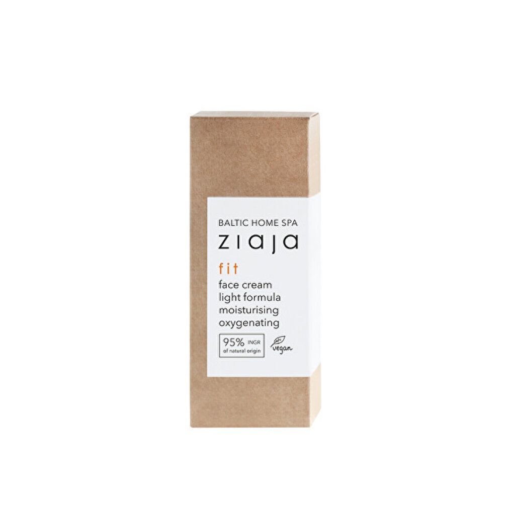 Kartonverpackung mit Aufschrift: ZIAJA fit face cream light formula. 95% Inhaltsstoffe natürlichen Ursprungs. Vegan-Siegel.
