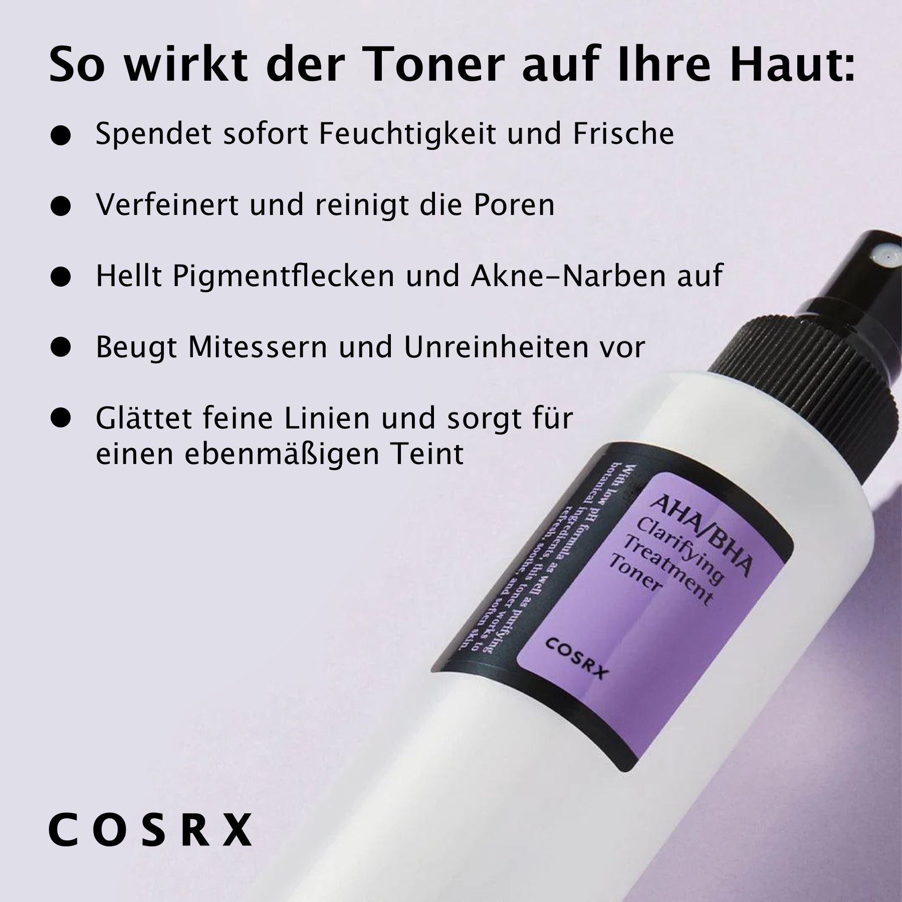 Weiße Sprühflasche mit schwarzem Deckel. Etikett: AHA/BHA Clarifying Treatment Toner, COSRX. Text auf blauem Hintergrund.