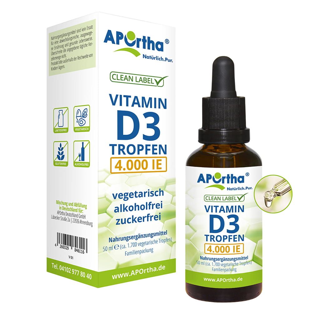 Produkt: APOrtha® Vitamin D3 Tropfen 4.000 IE. Flasche und Verpackung. Vegetarisch, alkoholfrei, zuckerfrei.