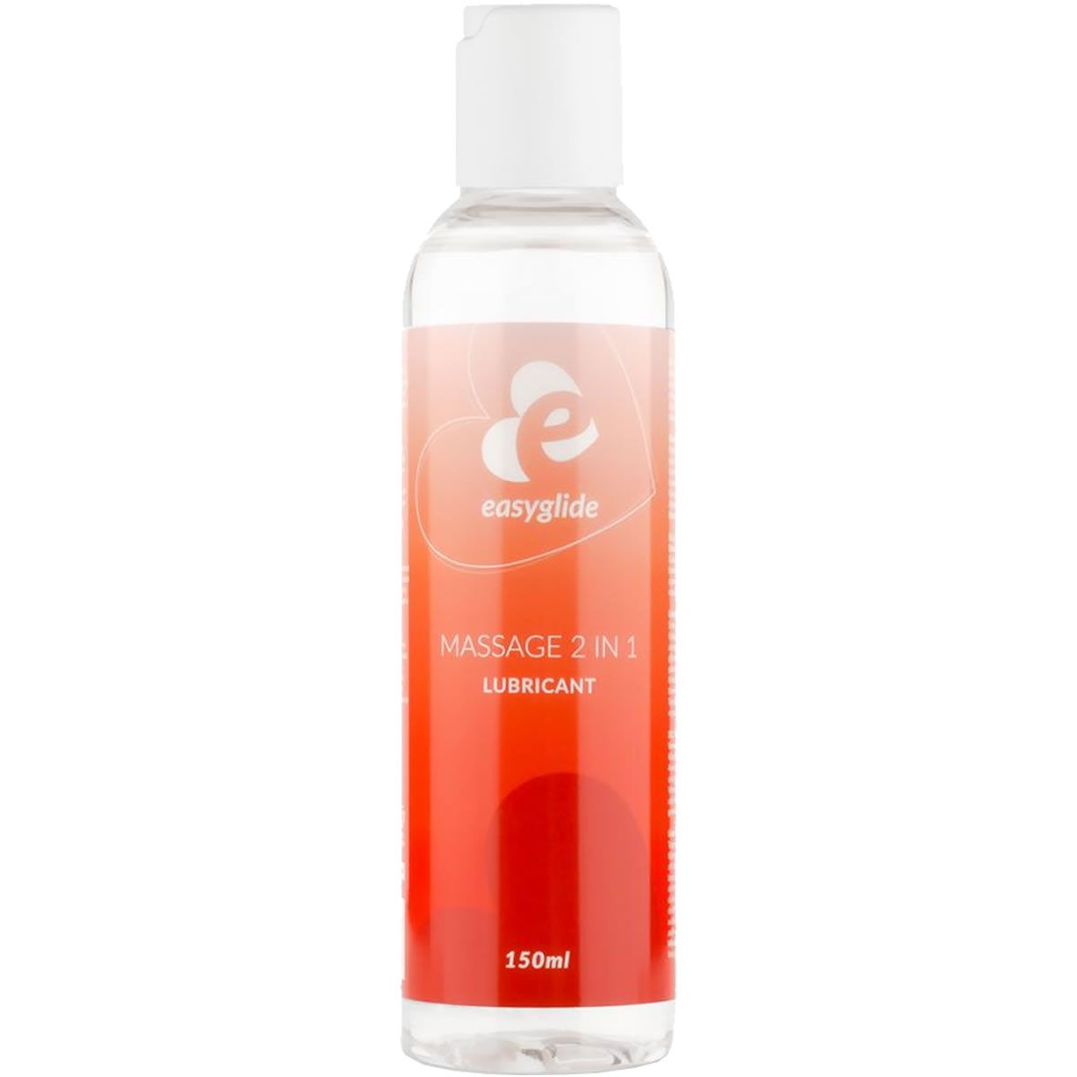 Klare Flasche mit weißem Deckel. Etikett mit rotem Farbverlauf, Produktname und Logo. Aufschrift: Massage 2 in 1 Lubricant.