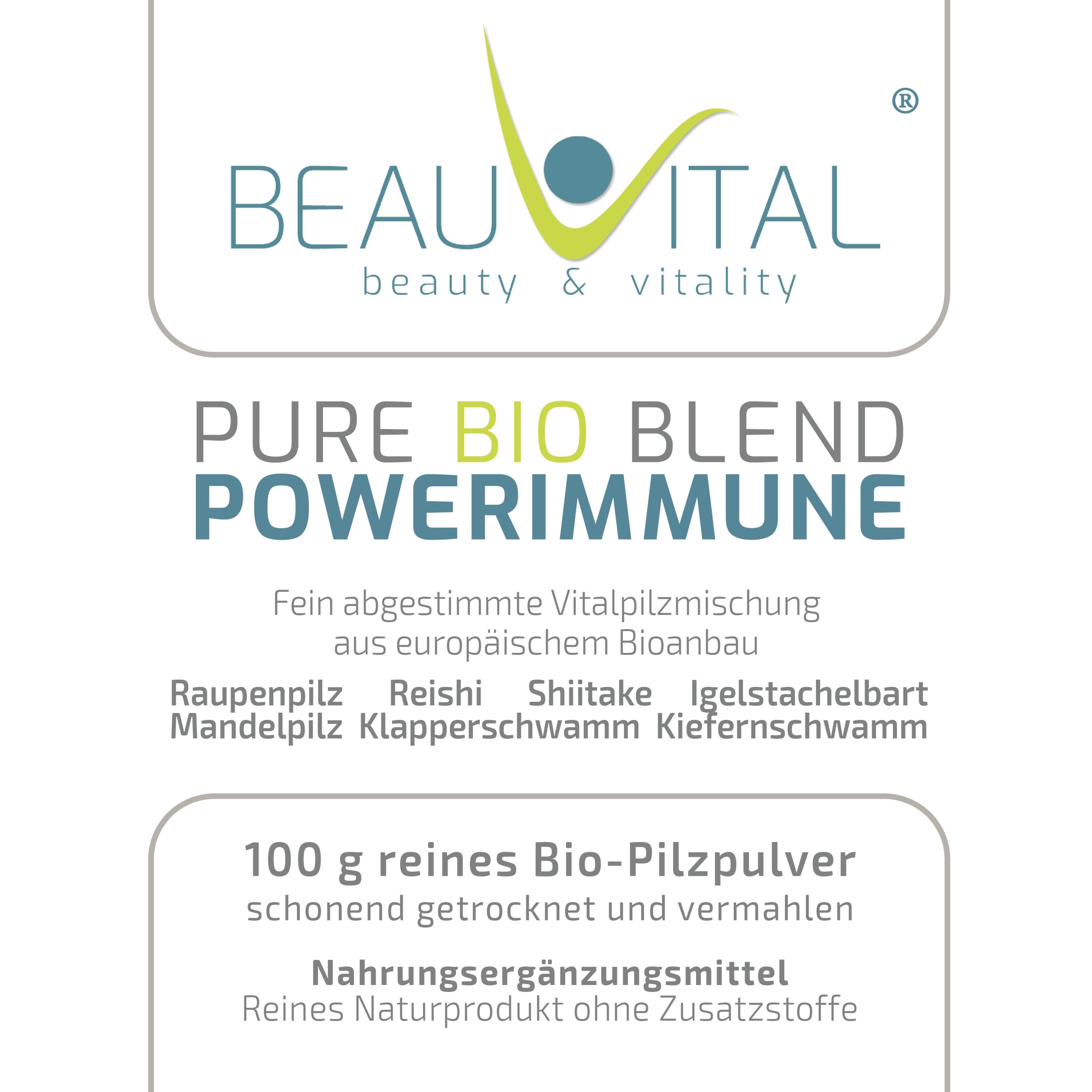 Detailansicht des BEAUVITAL Pure Bio Blend Powerimmune Etiketts mit Pilzarten.