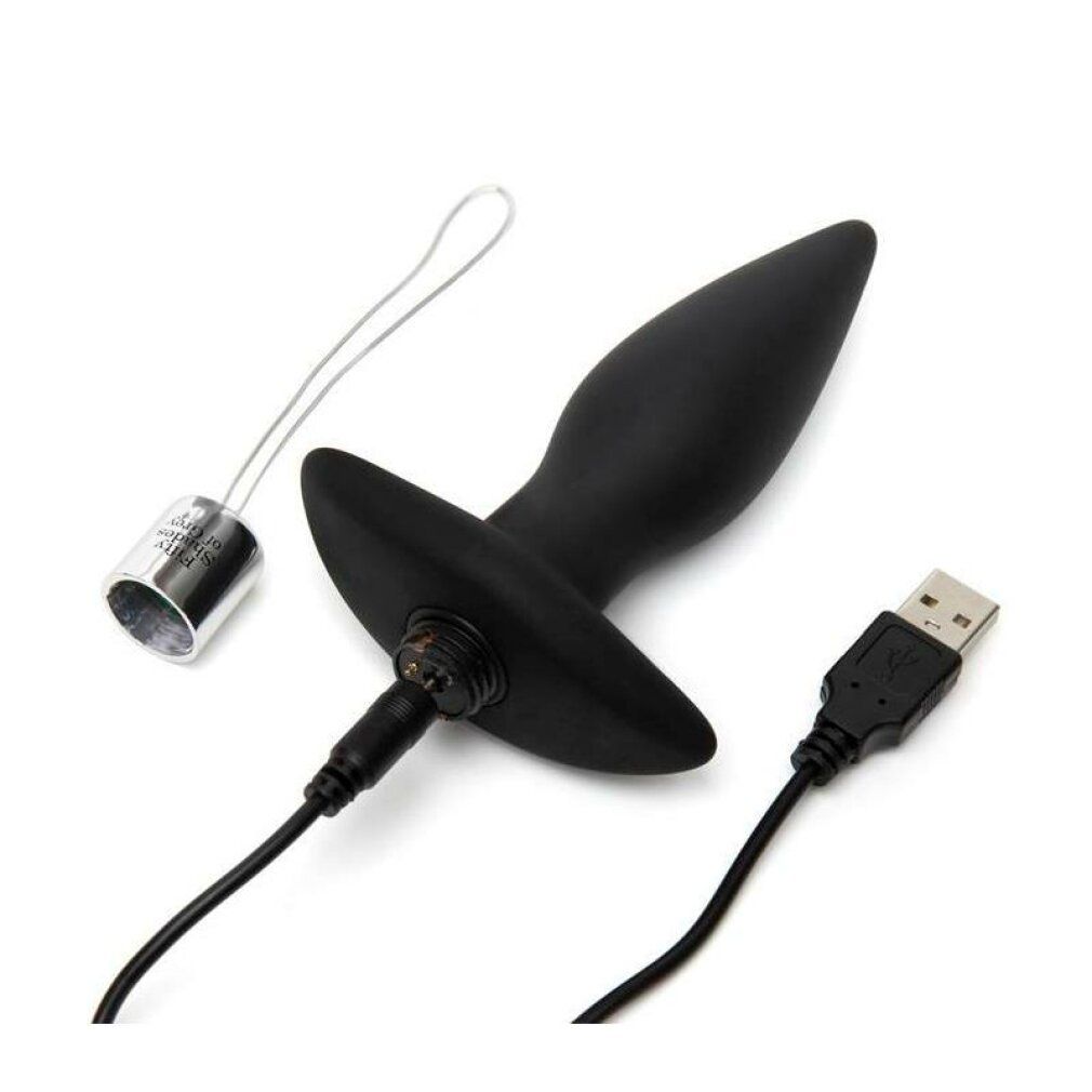 Schwarzer Analplug mit Ladeanschluss und USB-Kabel. Metallring. Marke: Fifty Shades of Grey.