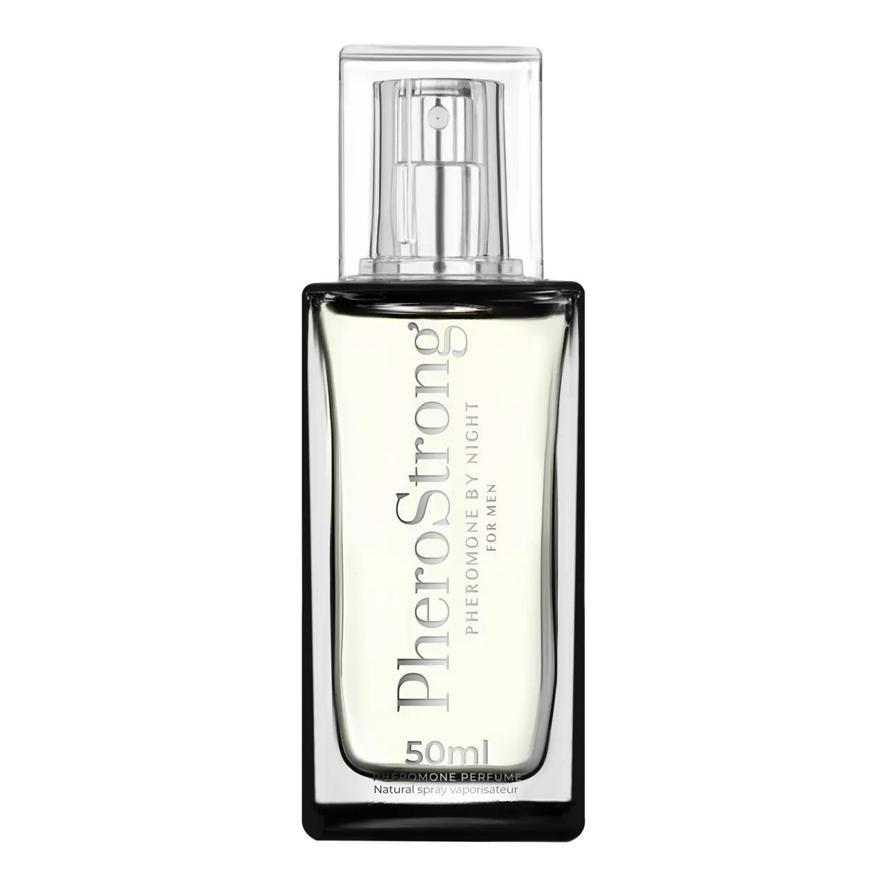 Flakon PheroStrong By Night für Männer. Rechteckige Form, transparente Kappe, silberne Sprühvorrichtung. Text: PheroStrong, 50ml.
