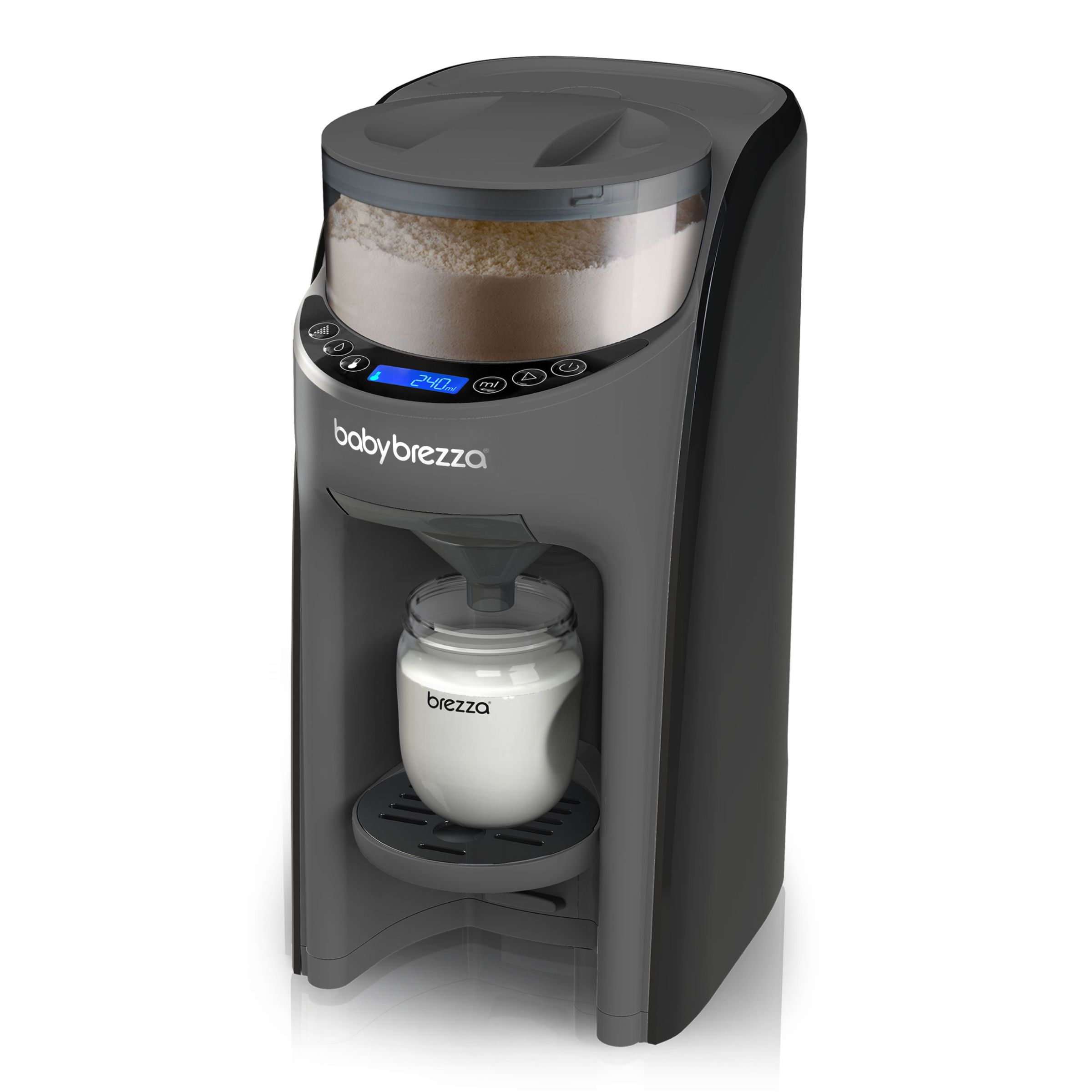 Baby Brezza Formula Pro Advanced: Automatischer Milchpulver-Zubereiter in dunklem Grau.