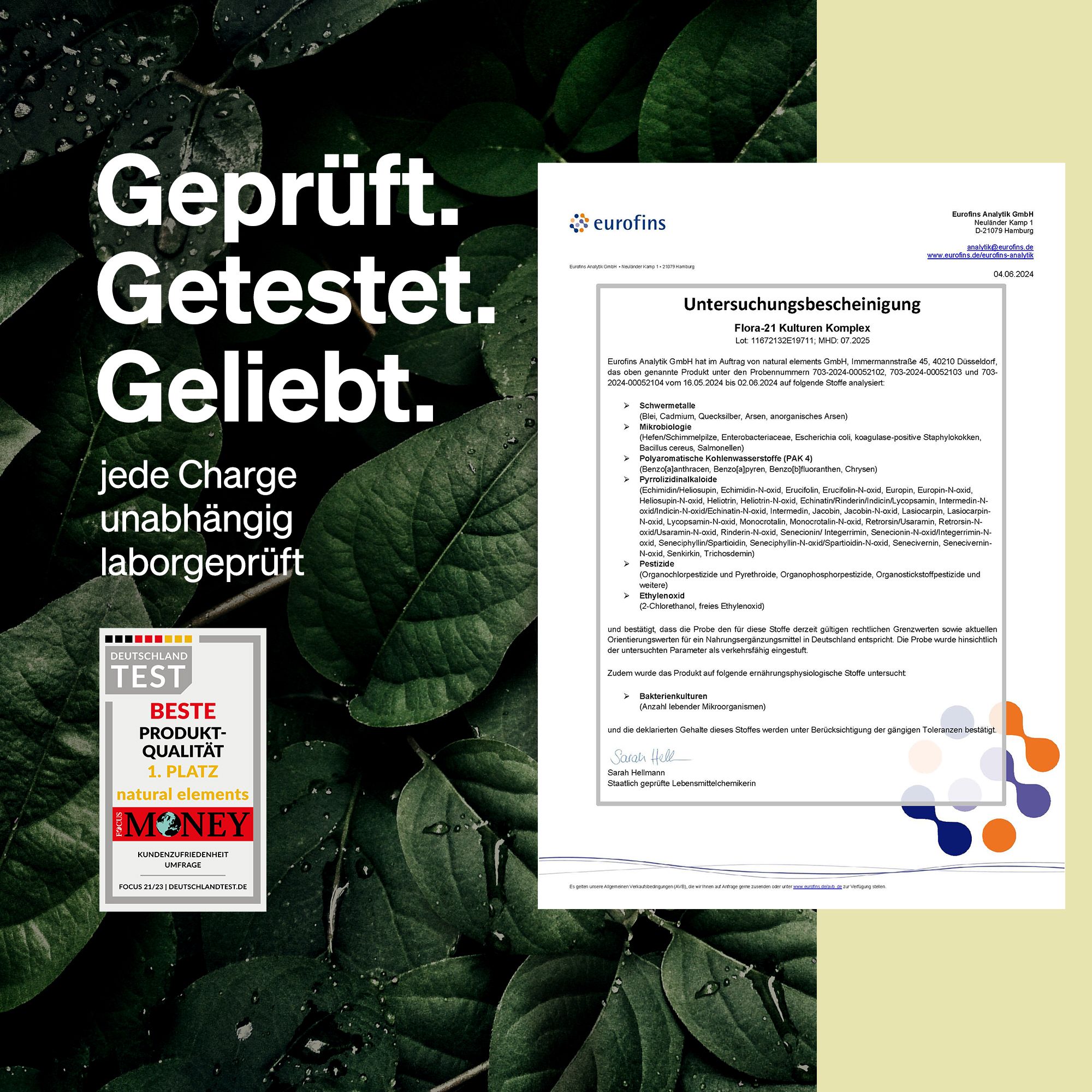 Zertifikat von Eurofins. Text: Geprüft. Getestet. Geliebt. Jede Charge unabhängig laborgeprüft. Auszeichnung.